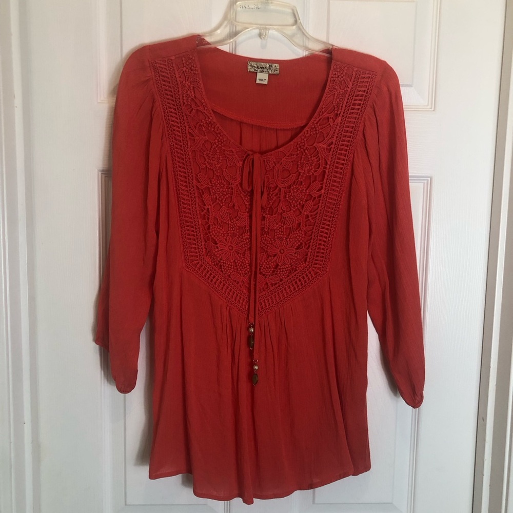One World 3/4 Pullover Coral Blouse with Crochet Detail  Size Small